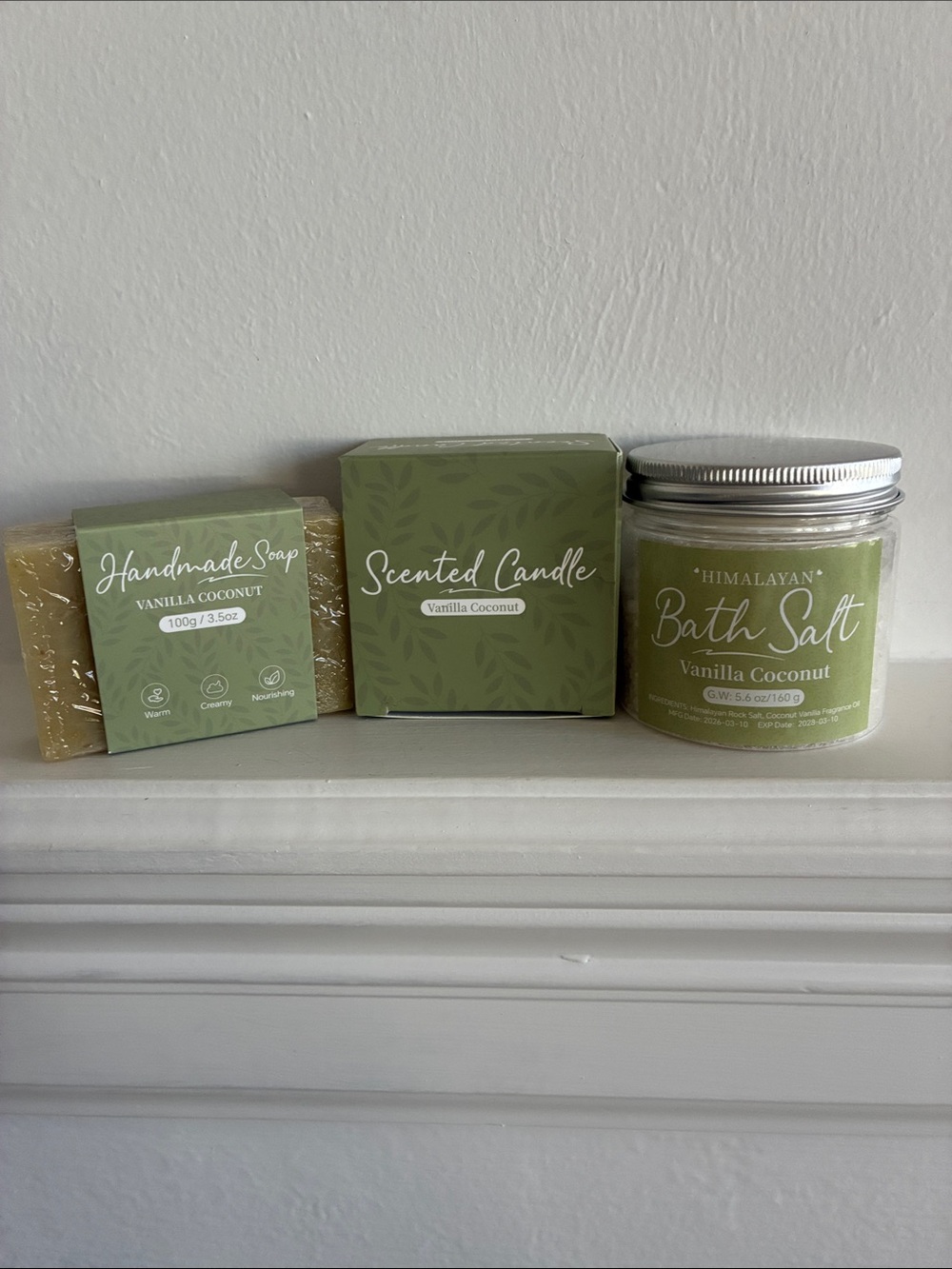 Vanilla Coconut Bath Salt, Soap & Candle Set -